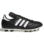 Black Adidas soccer cleat with white stripes on a white background