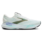 White running shoe with green and blue accents on a white background