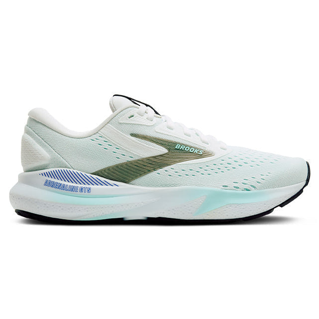White running shoe with green and blue accents on a white background