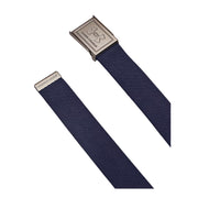 Navy belt with a gold buckle on a light gray background