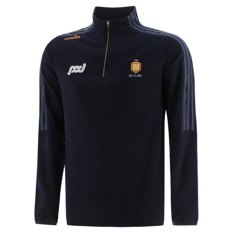 Black quarter-zip sweatshirt with logos on a light gray background