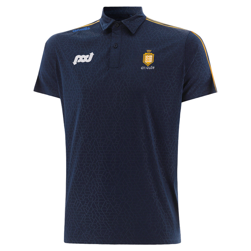 Navy blue polo shirt with branding on a white background