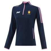 Navy long-sleeve athletic jacket with pink accents on a light gray background