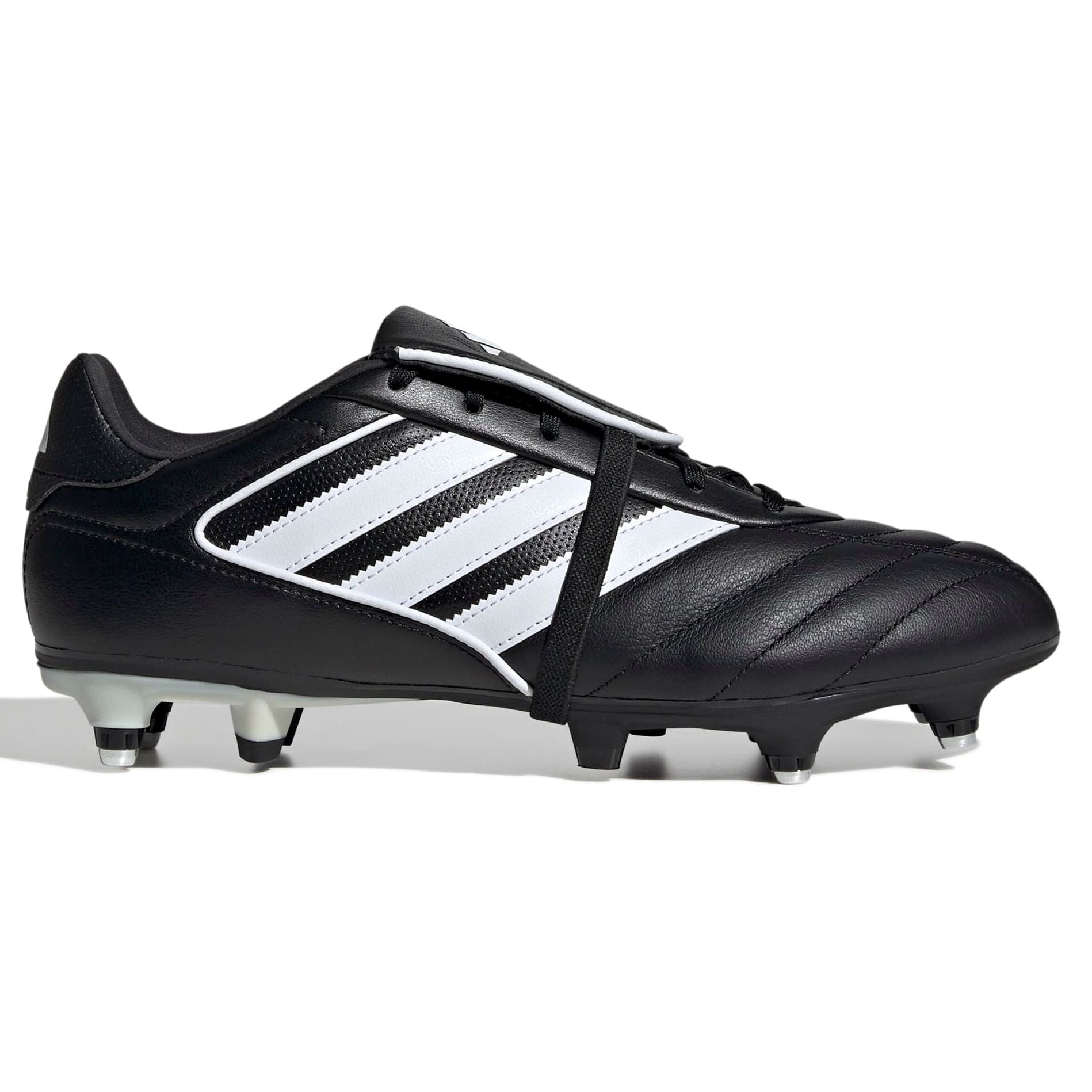 Black and white soccer cleat with Adidas logo on a white background