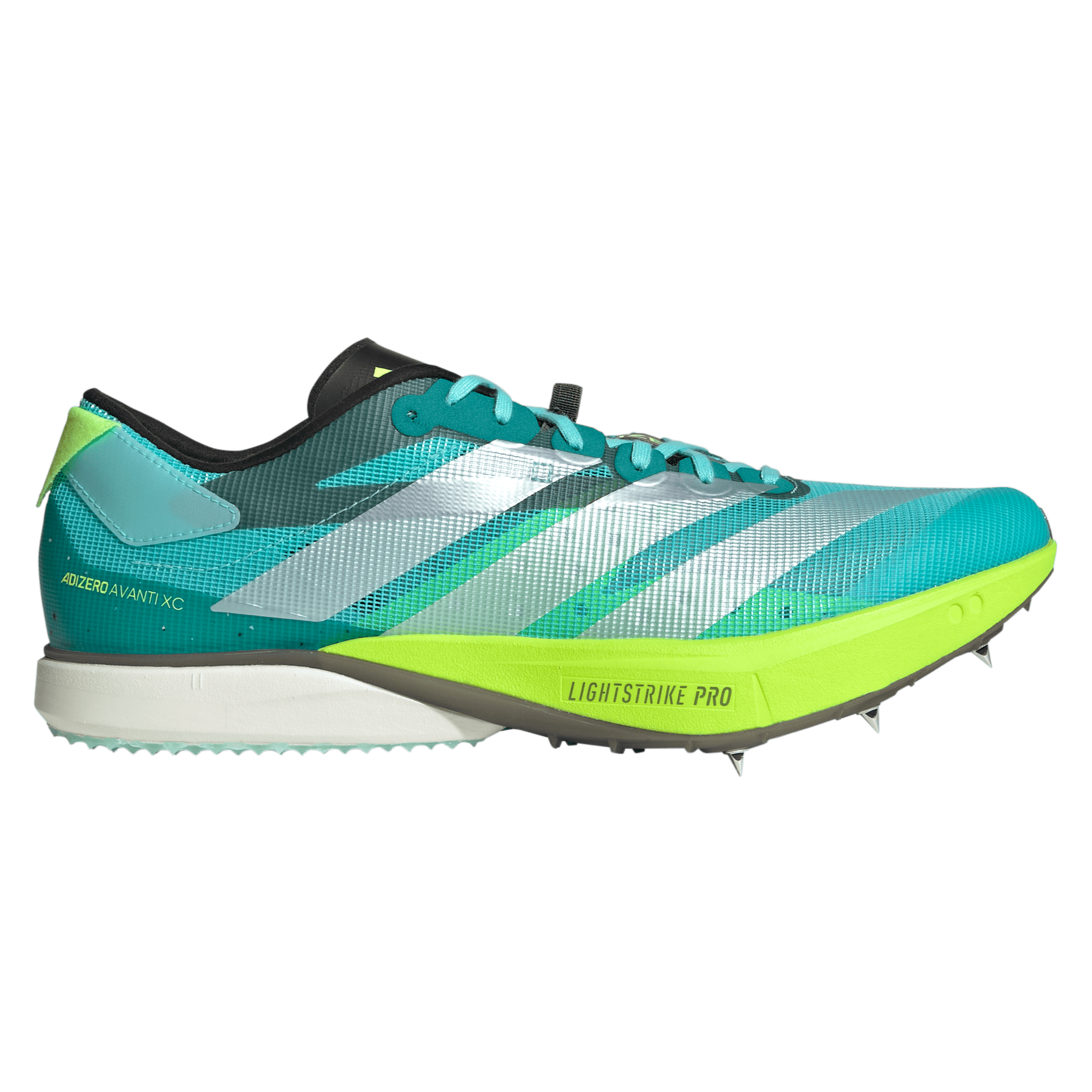Adidas running shoe with green and blue design on a transparent background