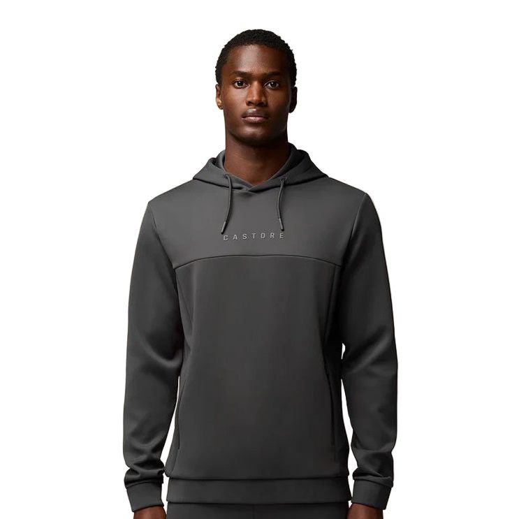 Man wearing a gray hoodie with 'Cassiope' branding on a white background