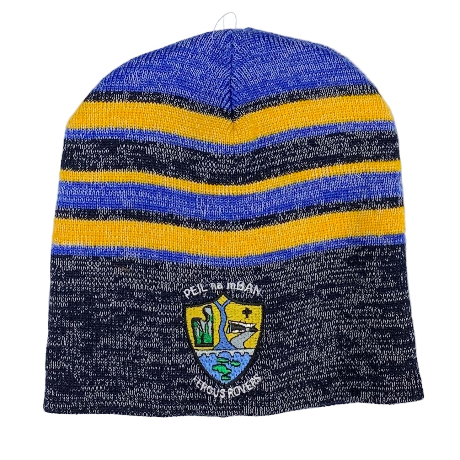 Knitted beanie with blue and yellow stripes and a logo on a white background
