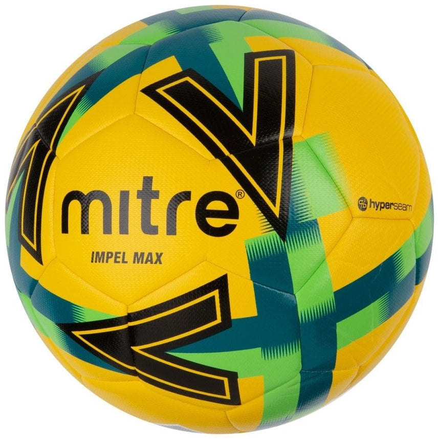 Colorful soccer ball with Mitre branding on a white background