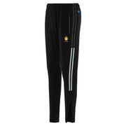 Black tracksuit pants with white stripes on a light gray background