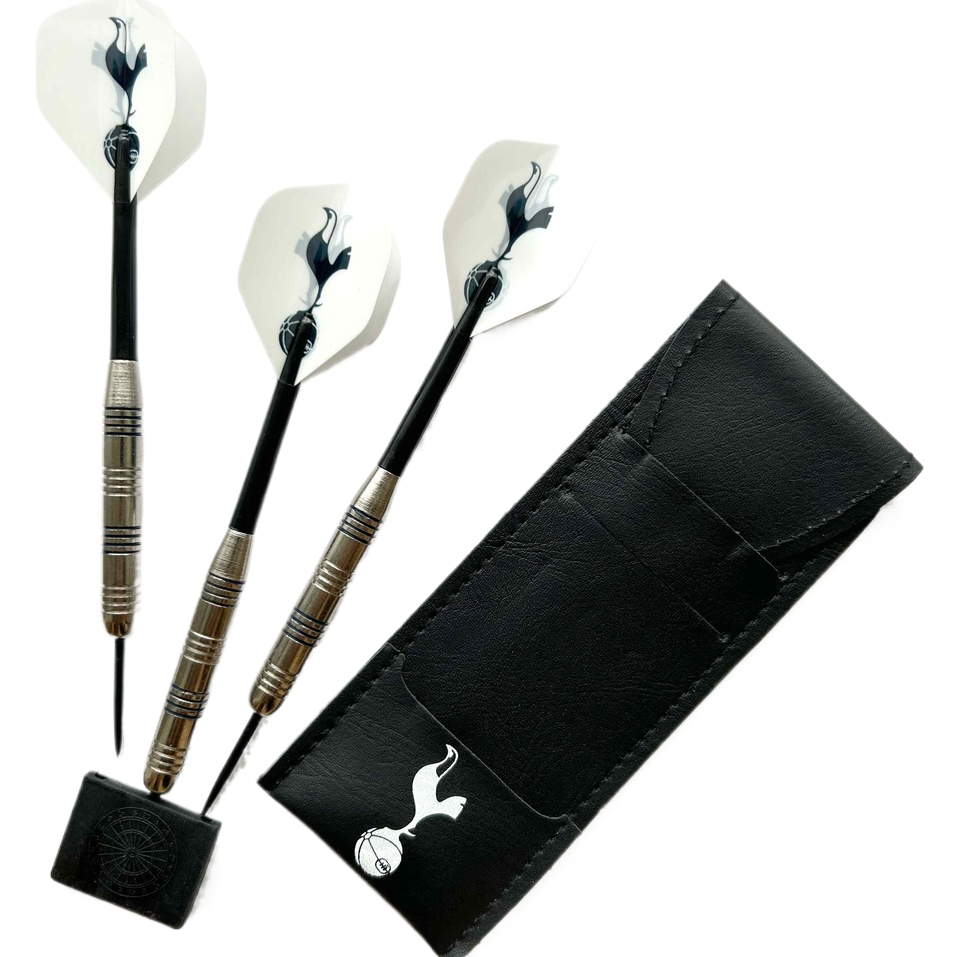 Three darts with black and silver design on white background