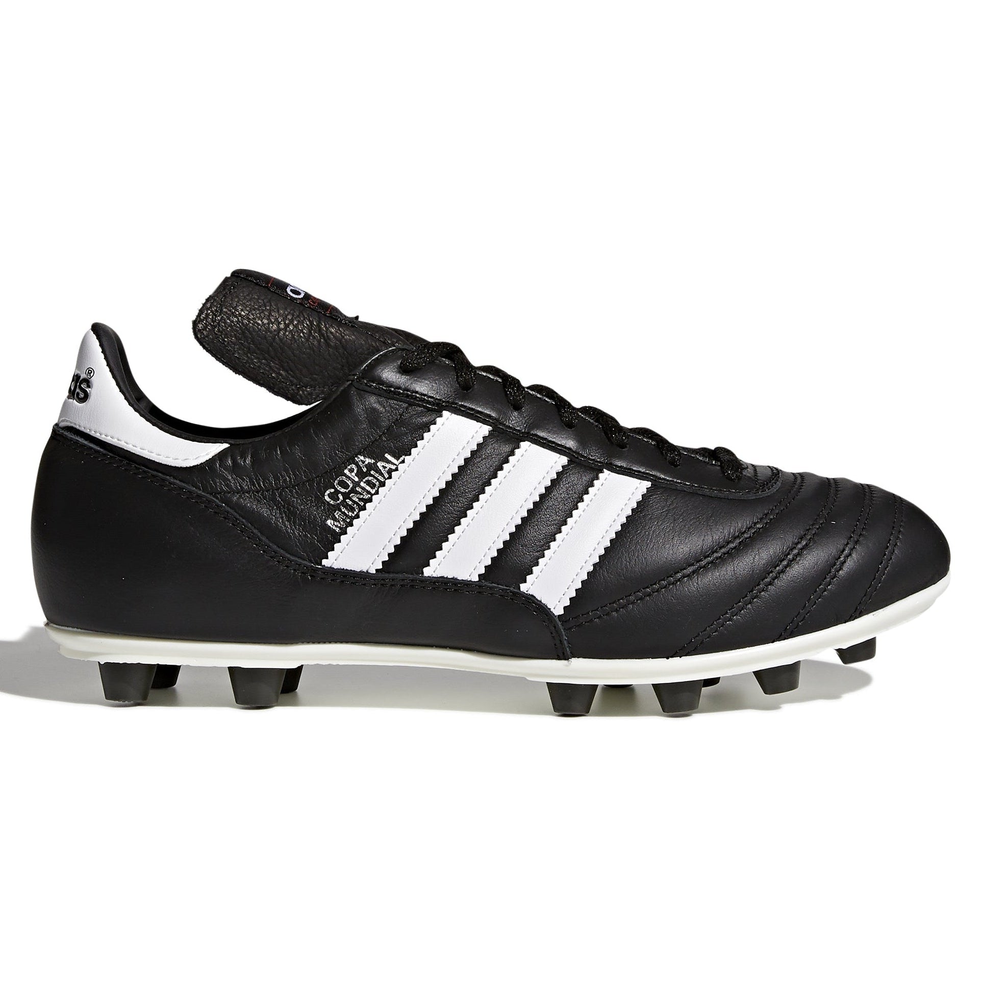 Black Adidas soccer cleat with white stripes on a white background