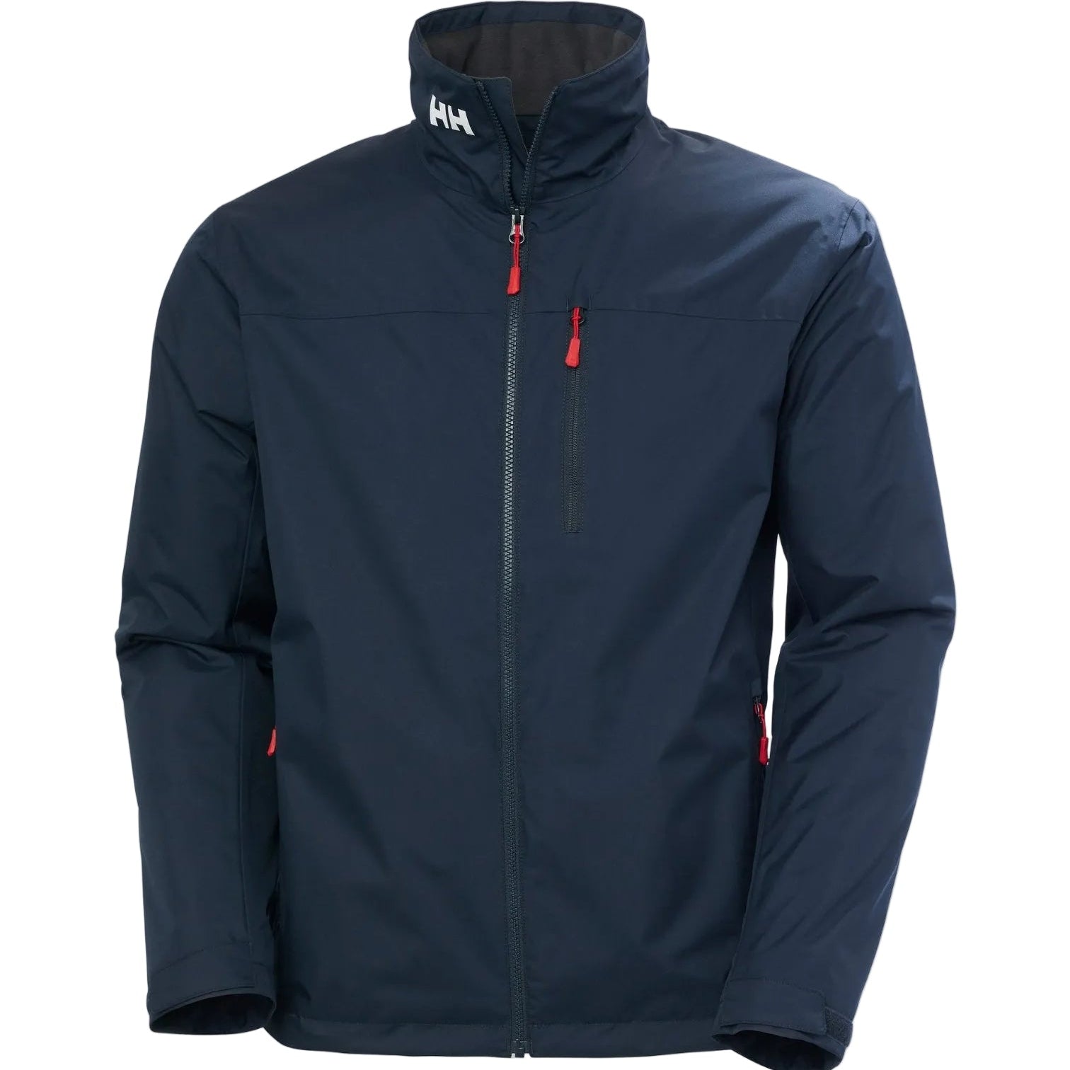 Navy blue jacket with red accents on a white background