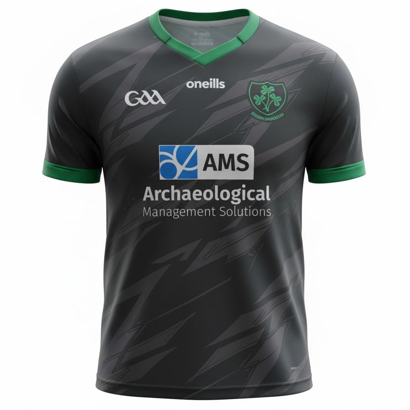 Black sports jersey with green accents and logos on a white background