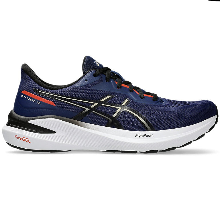 Blue running shoe with white sole on a white background