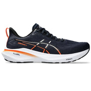 Navy running shoe with orange accents on a white background