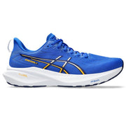 Blue running shoe with white sole on a white background