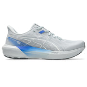 Gray running shoe with blue accents on a white background
