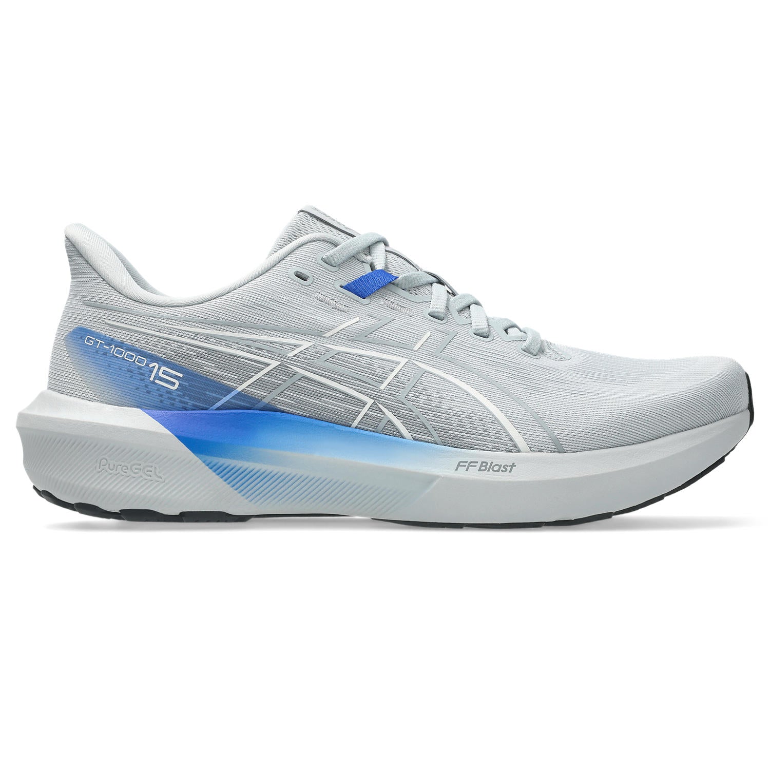 Gray running shoe with blue accents on a white background