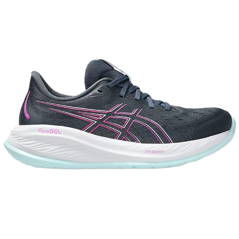 Black running shoe with pink accents on a white background