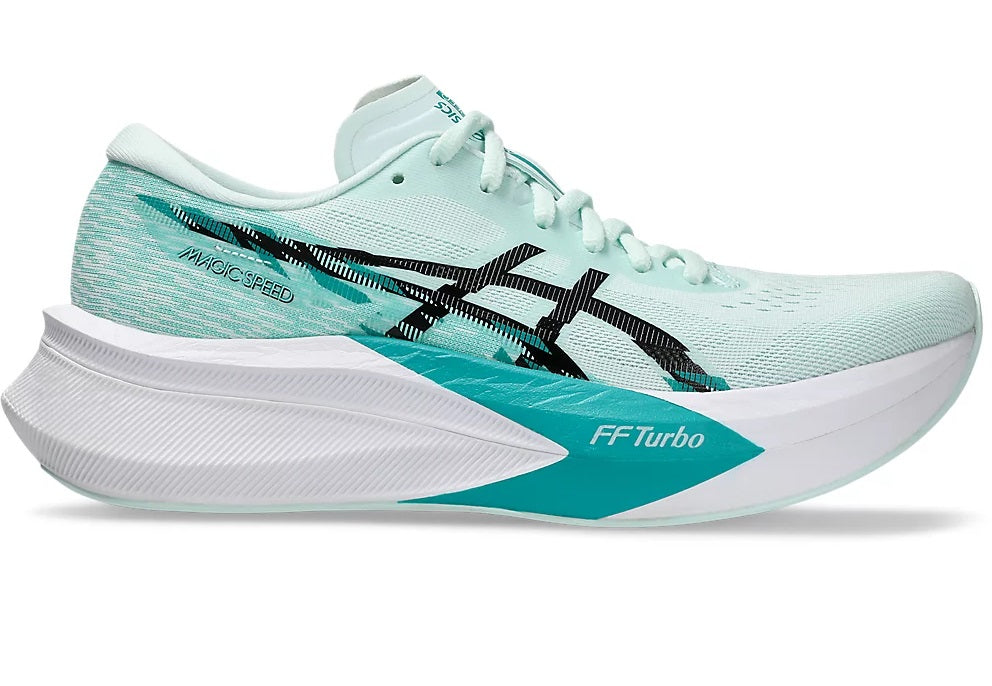 Light blue running shoe with white sole on a white background