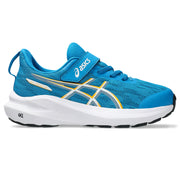 Blue running shoe with white and yellow accents on a white background