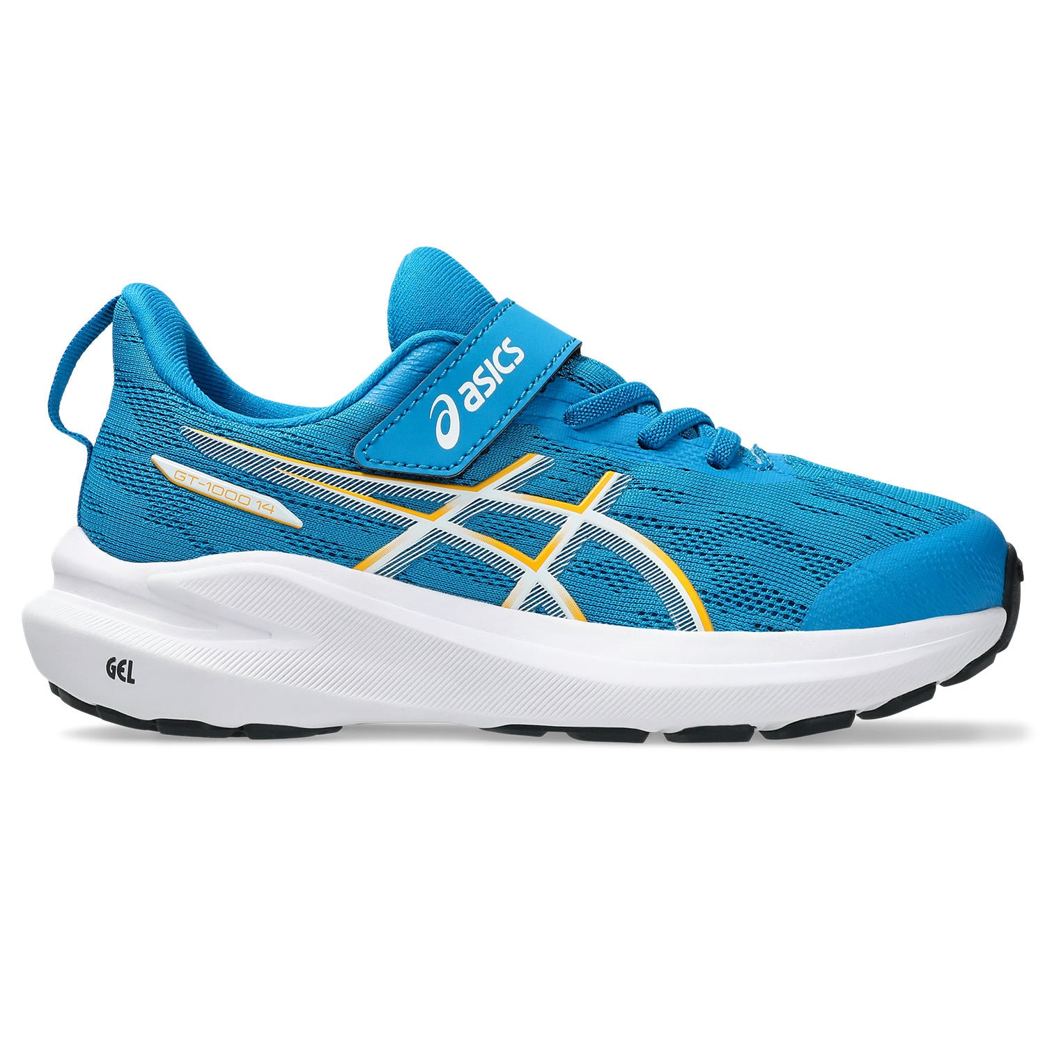 Blue running shoe with white and yellow accents on a white background