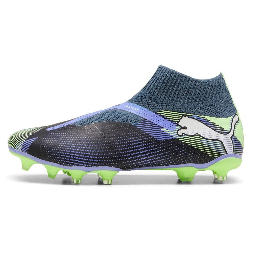 Soccer cleat with green and blue design on a white background