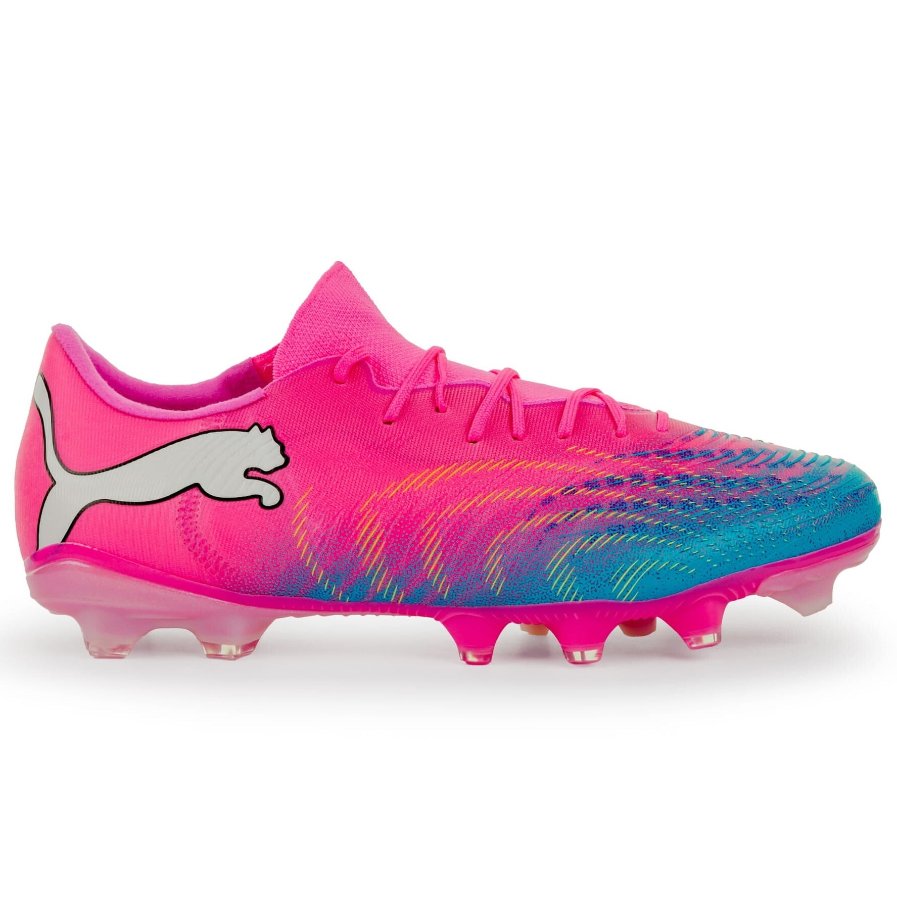 Pink and blue soccer cleat with Puma logo on a white background