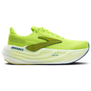 Bright green running shoe with white sole on a white background