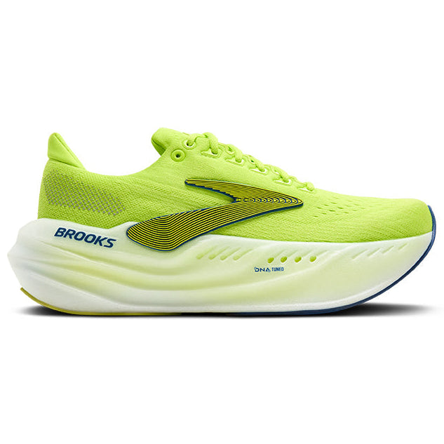 Bright green running shoe with white sole on a white background
