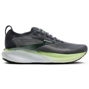 Gray running shoe with green sole on a white background