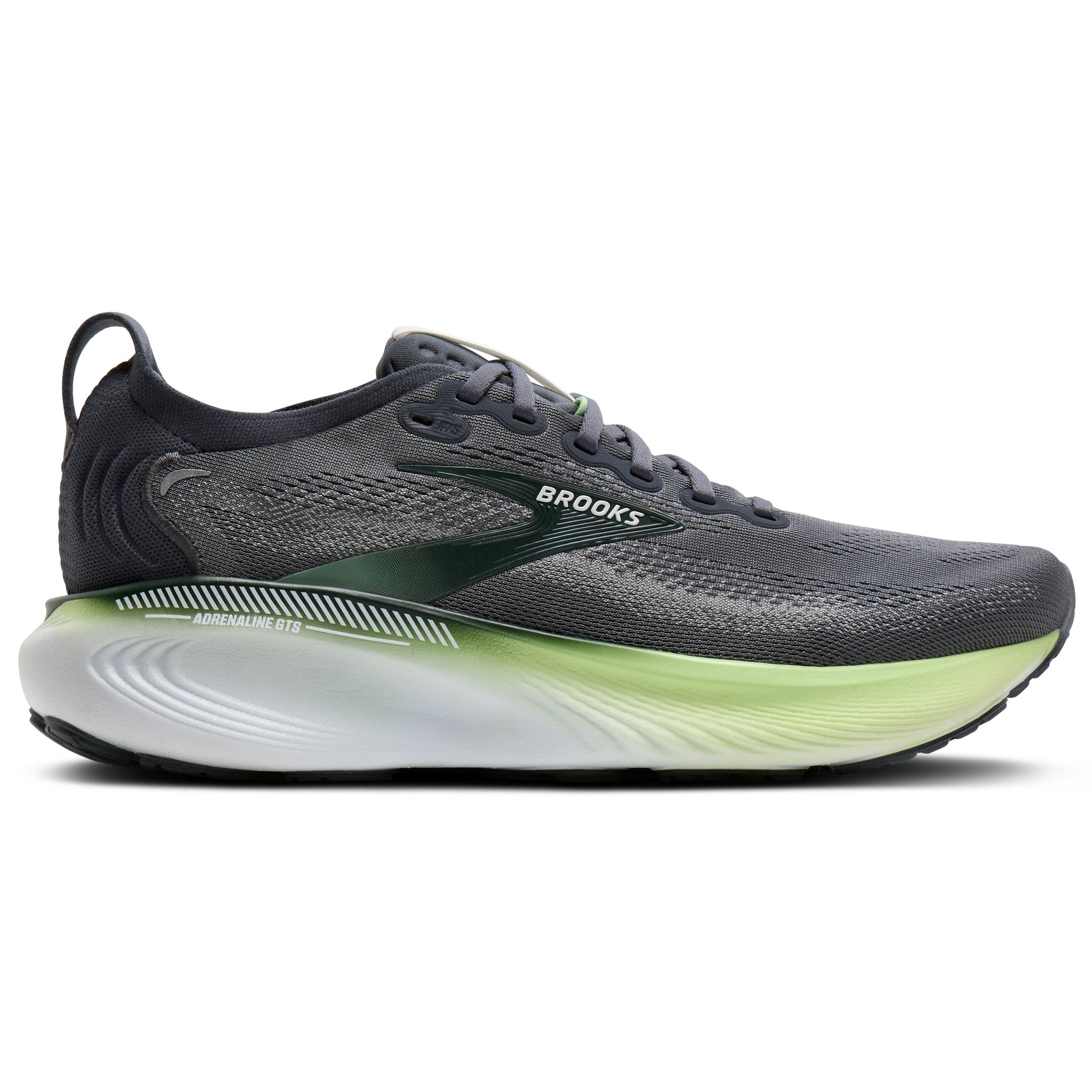 Gray running shoe with green sole on a white background