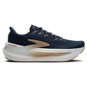 Navy running shoe with white sole on a white background