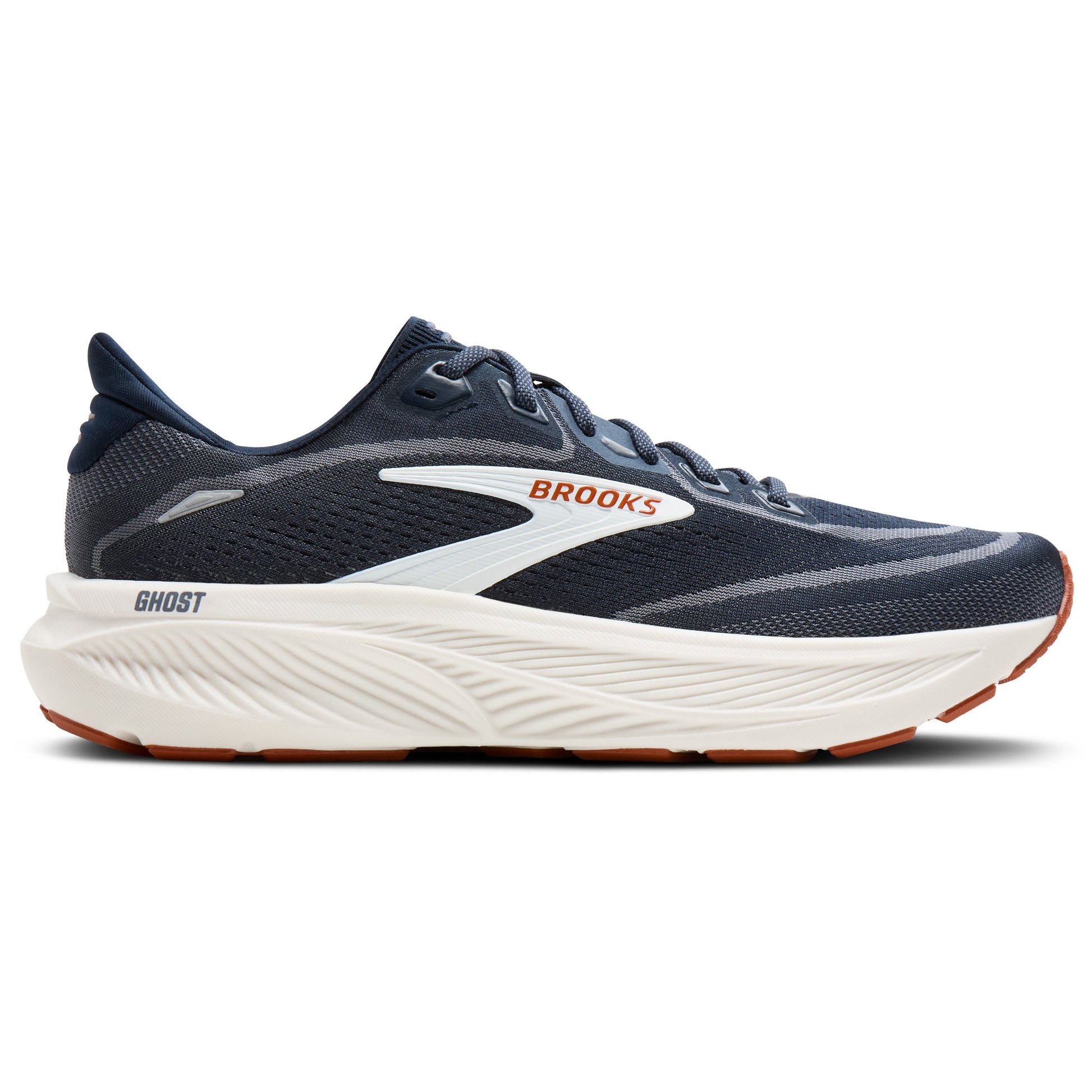 Navy running shoe with white sole on a white background