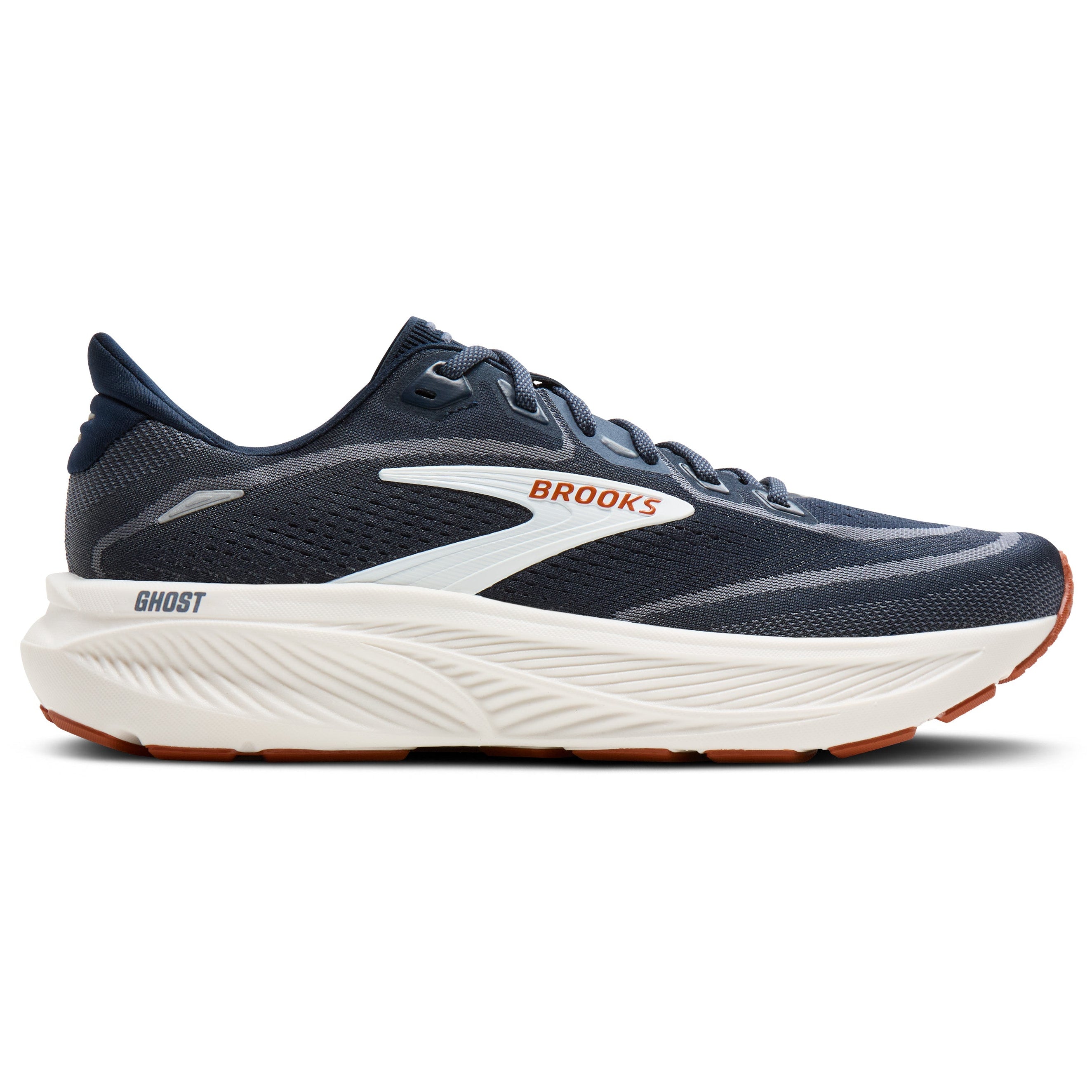 Navy running shoe with white sole on a white background