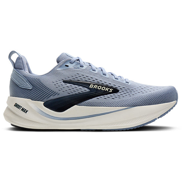 Brooks Ghost Max running shoe in light blue-gray and white with a dark navy logo, shown from the side on a white background.