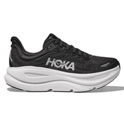 Black and white running shoe on a light gray background