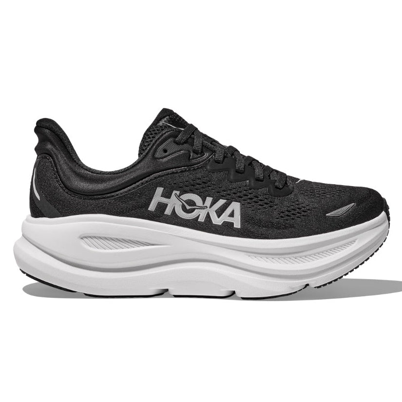 Black and white running shoe on a light gray background