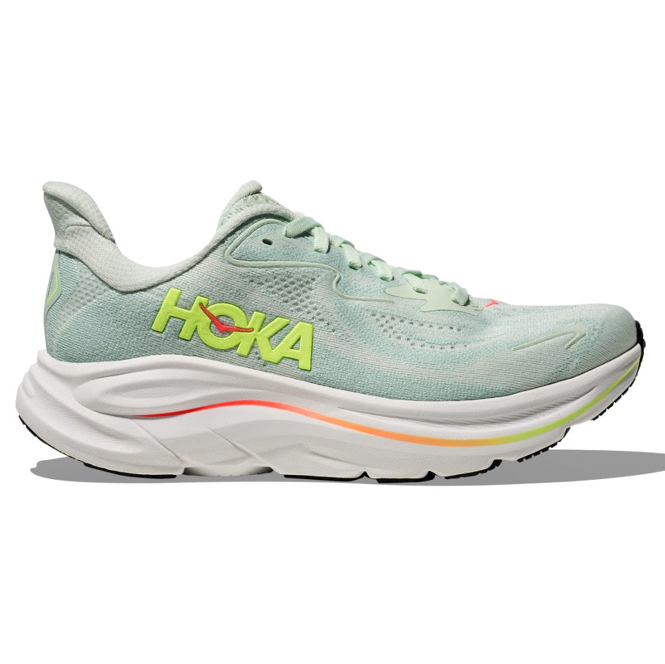 Light blue running shoe with 'Hoka' branding on a white background