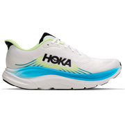 A HOKA running shoe in white with a bright blue midsole accent, lime green details, and a black HOKA logo on the side, shown against a plain white background.