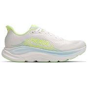 A HOKA running shoe in white with neon yellow-green accents and a light blue midsole, shown in a side profile on a white background.