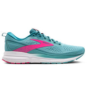 Blue running shoe with pink accents on a white background