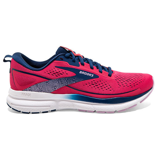 Pink and blue running shoe with 'Brooks' branding on a white background
