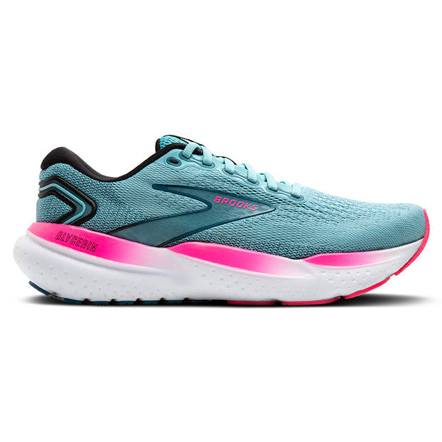Blue and pink running shoe with white sole on a white background