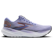 Purple running shoe with orange accents on a white background