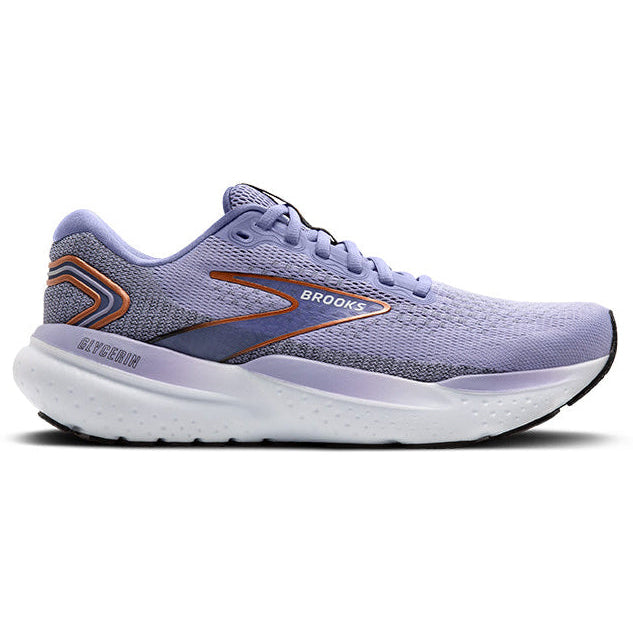 Purple running shoe with orange accents on a white background