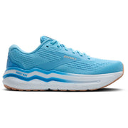Blue running shoe with white sole on a white background
