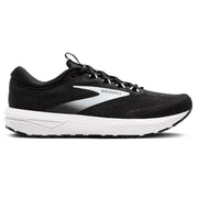 Black running shoe with white sole on a white background