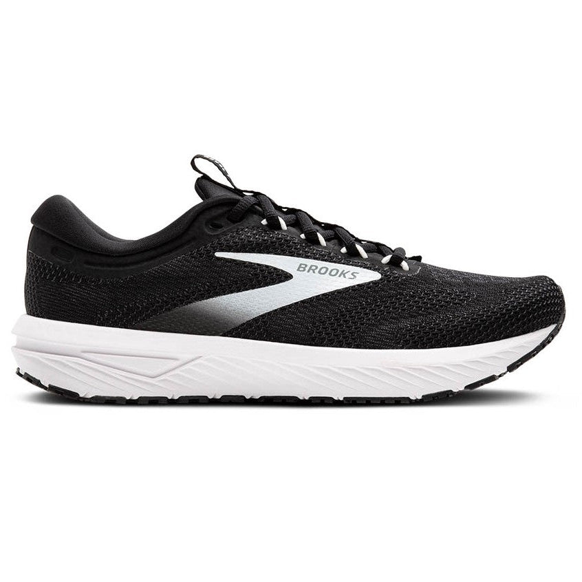 Black running shoe with white sole on a white background