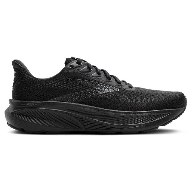 Black running shoe on a white background